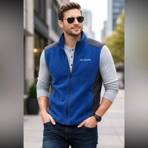 Columbia Men's Large Blue Steens Mountain Fleece Vest Pockets Collegiate Zip EUC